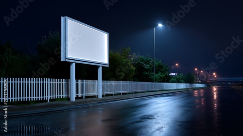 Empty illuminated large blank billboard sign on a street at night with streetlights