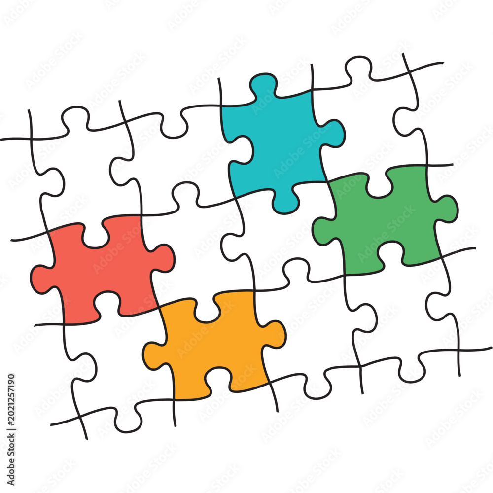 Fototapeta premium Colorful puzzle pieces connecting together to represent teamwork, collaboration, problem solving, gaming networks, shared ideas, unity, and strong connections