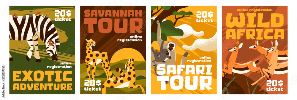 Naklejka premium Advertising posters of Safari tours set. Designs of promotions of travels to Africa. Templates with wild African animals, savanna landscapes. Trips to savannah for tourists. Flat vector illustrations