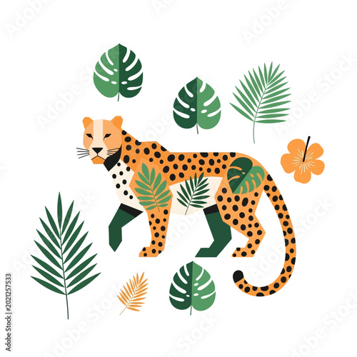 Stylized Leopard and Tropical Leaves Illustration on White