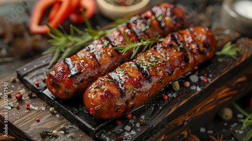 Rustic grilled Spanish chorizo sausage grill to golden perfection with spices, rustic grill food photography design.