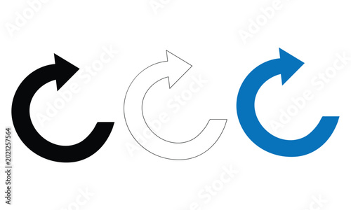Three circular arrow in black white and blue on a white background