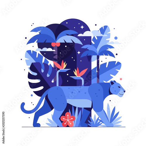 Stylized Panther in Exotic Nighttime Jungle Scene Illustration