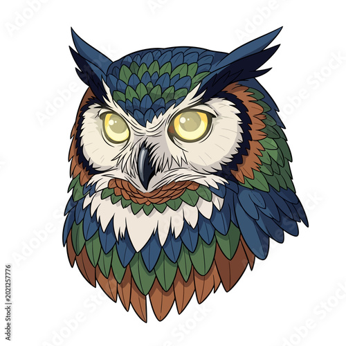 Vibrant Owl Head Illustration on White Background