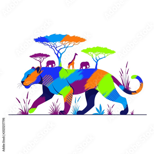 Vibrant Panther with African Wildlife Silhouette Illustration