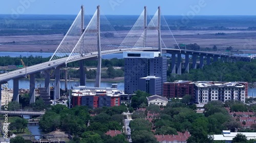 Bridge with traffic crossing over Savannah River, Georgia in Savannah near historic district 
