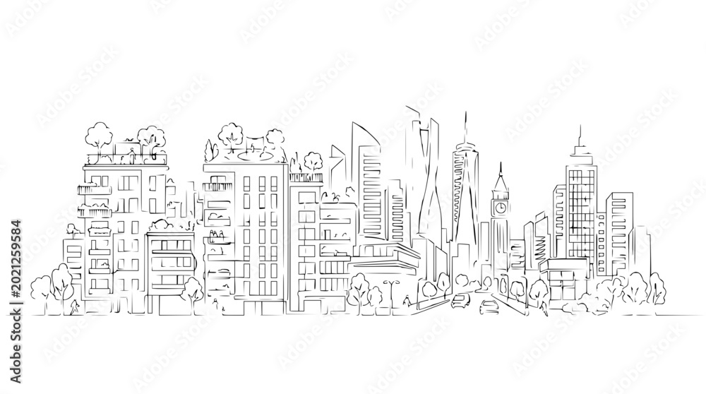 Fototapeta premium Modern City Skyline Sketch: Diverse Architecture with Green Rooftops
