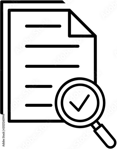 Document Verification Line Icon with Magnifying Glass and Check Mark
