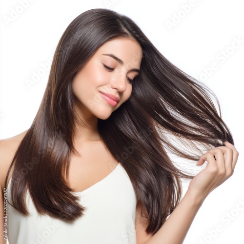 Beautiful woman with long hair flowing gracefully, showcasing natural beauty and soft features in soft light setting