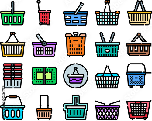Fotografia Collection of colorful shopping baskets, carts, and trolleys for grocery stores,