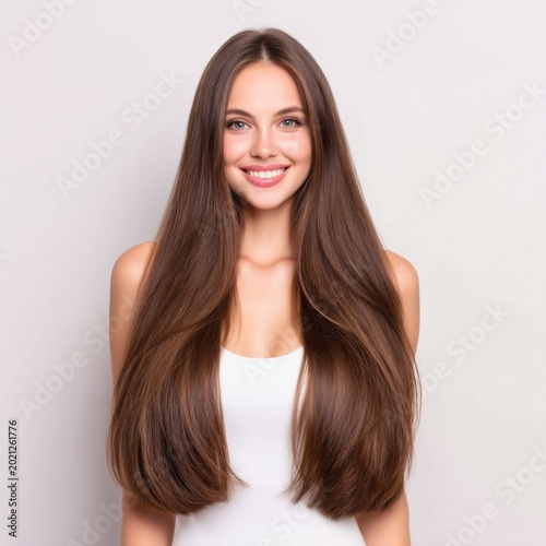 Beautiful young woman with long shiny hair smiling against a light background in a minimalist studio setting