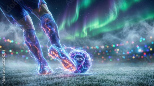 A soccer player kicks a glowing 2026 ball on a field with aurora borealis lighting in.