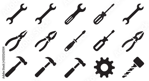 Bild auf Leinwand Manual hand tool icon set with screwdrivers hammers wrenches and pliers for repair service