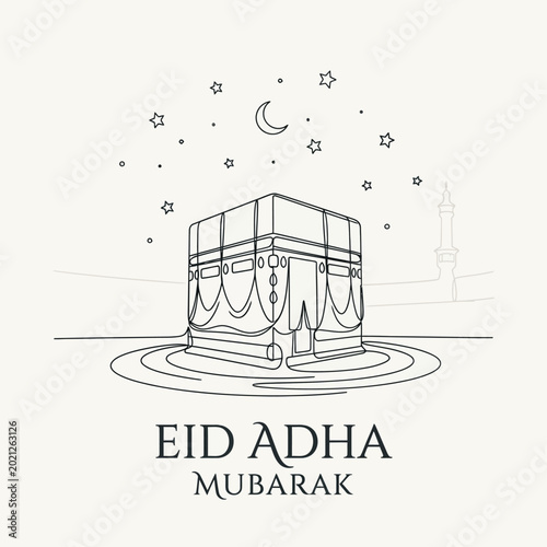 Eid Adha Mubarak celebration with Kaaba, mosque, crescent moon, stars, and lanterns