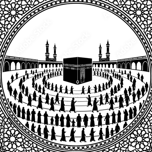 Pilgrims gather around the Kaaba in Mecca's courtyard at night