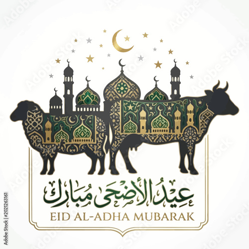 Eid Al-Adha celebration with cows and mosque silhouettes under starry night