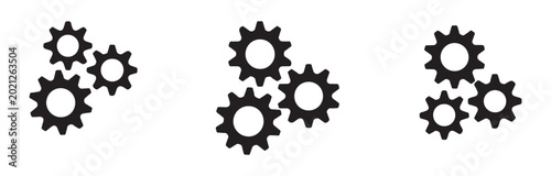 Canvas Print Three sets of three interlocked black gears, each with white centers, arranged on a white background