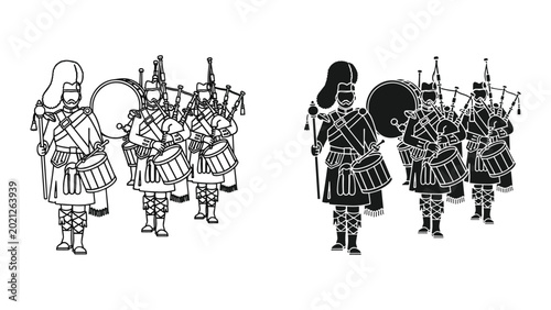 Fotografía Black and white illustration of bagpipers in traditional scottish uniforms march