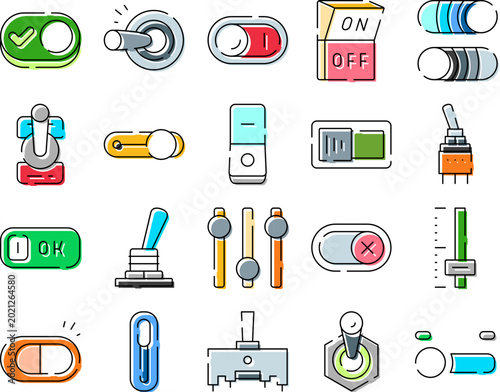 Foto Collection of outline style user interface elements representing various on and