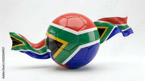 South africa national flag on soccer ball and waving fabric, isolated on white background, football concept representing the country's sport passion.