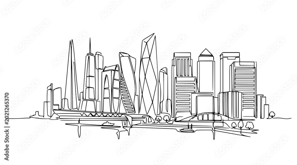 Obraz premium Modern City Skyline Continuous Line Drawing, Urban Landscape Art