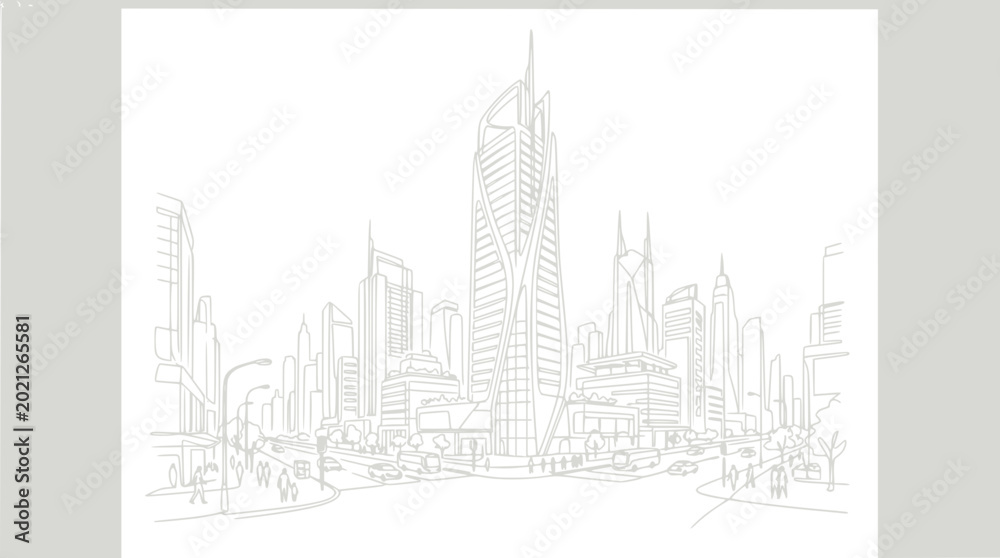 Fototapeta premium Modern City Skyline Sketch with Tall Buildings and Busy Streets