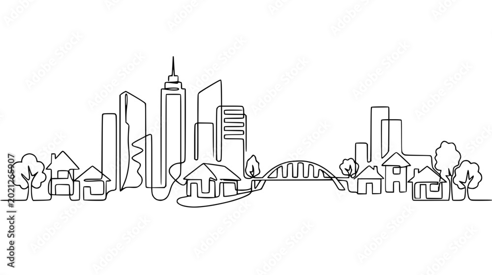 Obraz premium Continuous Line Drawing of Cityscape with Buildings, Houses, and Bridge
