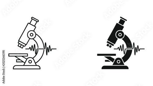 Foto Microscope icons with sound wave line in black and white on white background