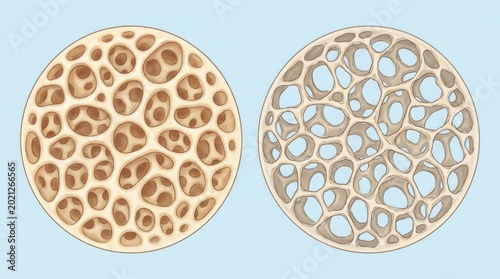 Microscopic bone transformation: healthy matrix, dense trabecula, porous network, disease progression, osteoporosis impact, skeletal fragility, medical science.