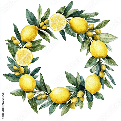Watercolor Lemon Wreath Illustration with Green Leaves on White Background