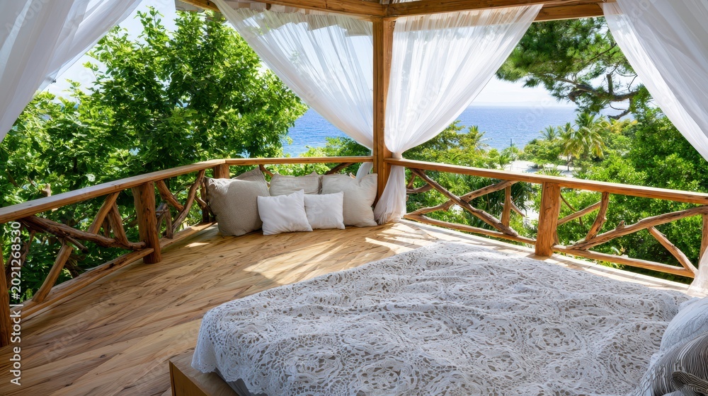 Naklejka premium Tropical open-air bedroom with ocean view and canopy bed