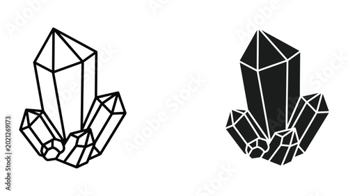 Foto Black and white crystal cluster illustrations with geometric shapes and lines on