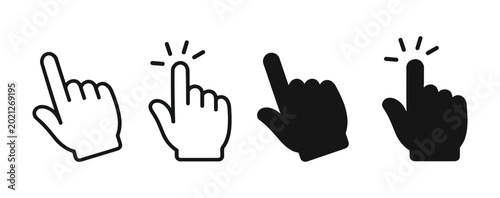 Hand click cursor icon set, outline and solid black pointer finger collection with clicking rays, flat vector symbols for web and mobile UI.