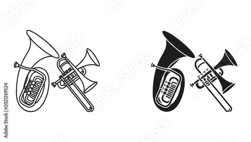 Foto Vector illustration of tuba and trumpet musical instruments in black and white o