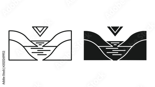 Foto Black and white line art illustrations of a triangular shaped sinkhole or depres