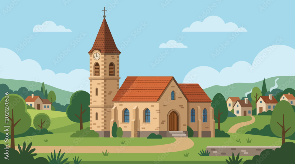 Naklejka premium Historic Stone Church with Steeple and Red Roof.