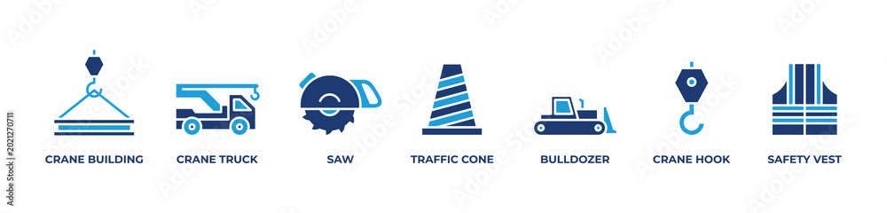 Obraz premium Building Progress Safely Icons set vector illustration blue with Crane building, Crane truck, Saw, Traffic cone, Bulldozer, Crane hook, Safety vest