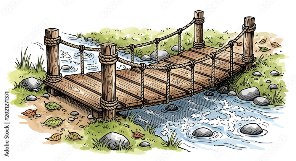 Obraz premium whimsical wooden bridge over stream with rocks and grass illustration