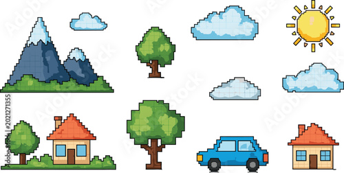 Pixel Art Game Asset Icon Set with House Tree Mountain and Car Vector Elements