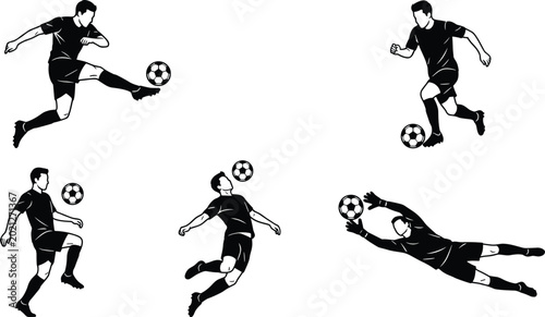Foto Set of five professional soccer player silhouettes illustrating various football