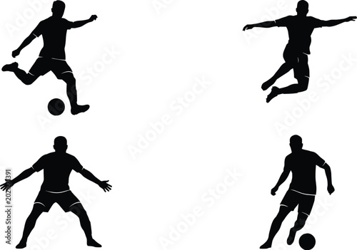 Cuadro en lienzo Set of four professional soccer player silhouettes performing various football a