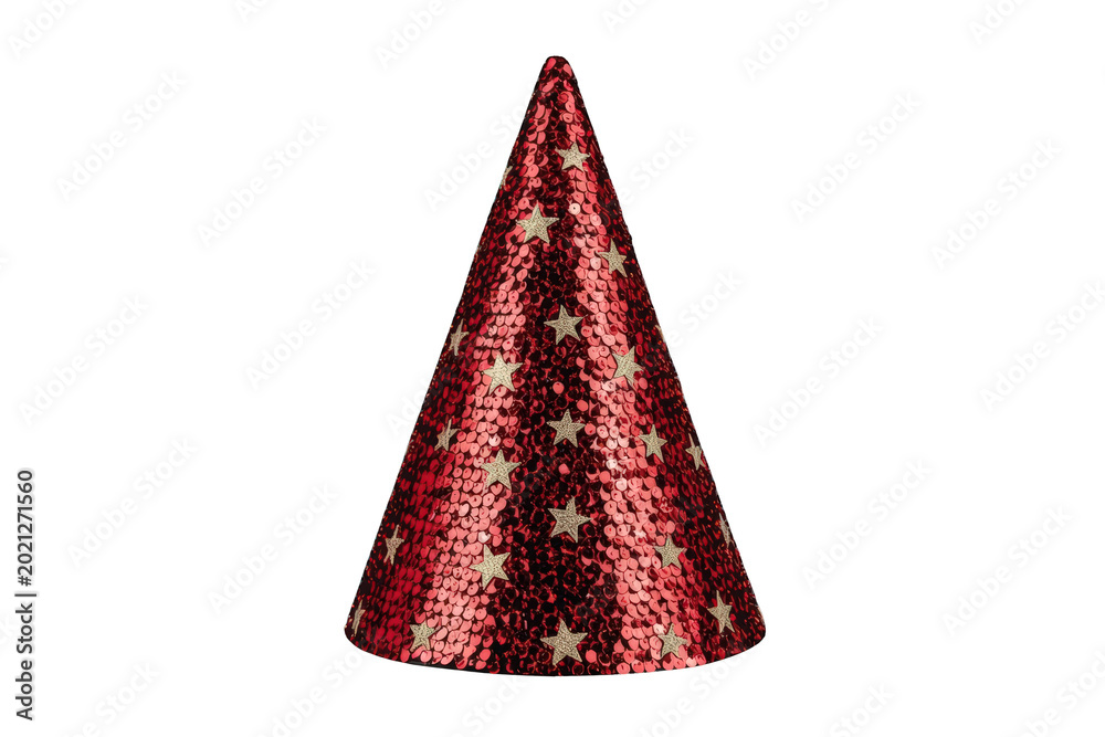 Fototapeta premium Red sequin star party hat celebrating festive events, holidays, and birthday celebrations on transparent background