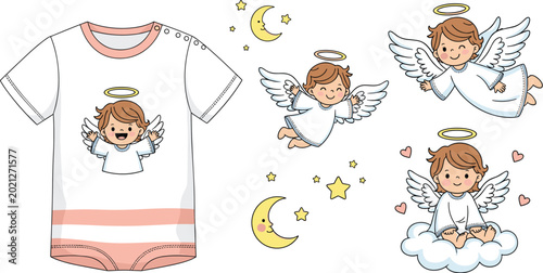 Foto Cute Baby Angel Cartoon Character Set with Flying Cherub Icons and T-Shirt Mocku