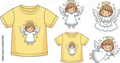 Canvas Print Cute Baby Angel Cartoon Character Set with Flying Cherub Icons and T-Shirt Mocku