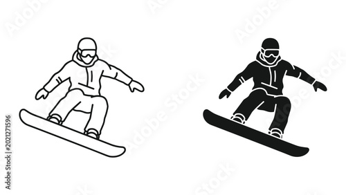 Bild auf Leinwand Two black and white snowboarder illustrations in different styles isolated on wh