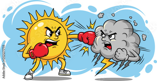 Angry Sun Boxing Storm Cloud Vector Illustration for Climate Change and Weather Conflict Concepts