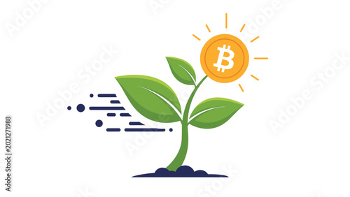 Creative concept illustration of a growing green plant with a Bitcoin coin as the sun symbolizing financial growth.