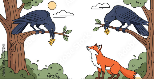 The Fox and the Crow Aesop Fable Vector Illustration Scene Set with Black Bird Holding Cheese on Tree Branch for Children Storybooks and Primary School Education Materials