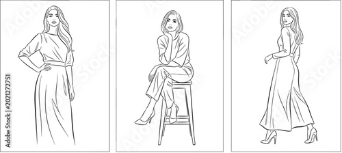 Minimalist Fashion Women Line Art Illustration Set with Elegant Models in Dresses and Jumpsuit for Boutique Branding, Apparel Design, and Wall Art Posters