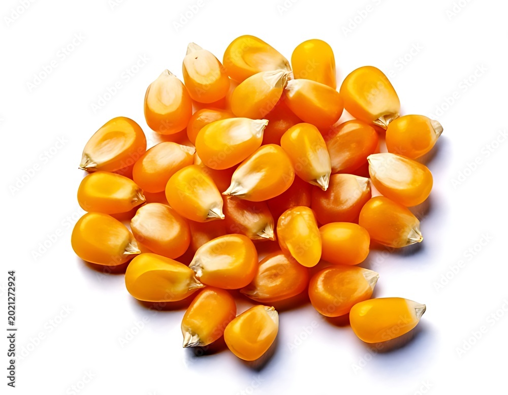 Fototapeta premium An isolated stack of golden maize kernels on a white backdrop